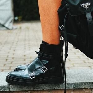 INCH2 Monk Lace-Up Leather Moto Boots Size 38